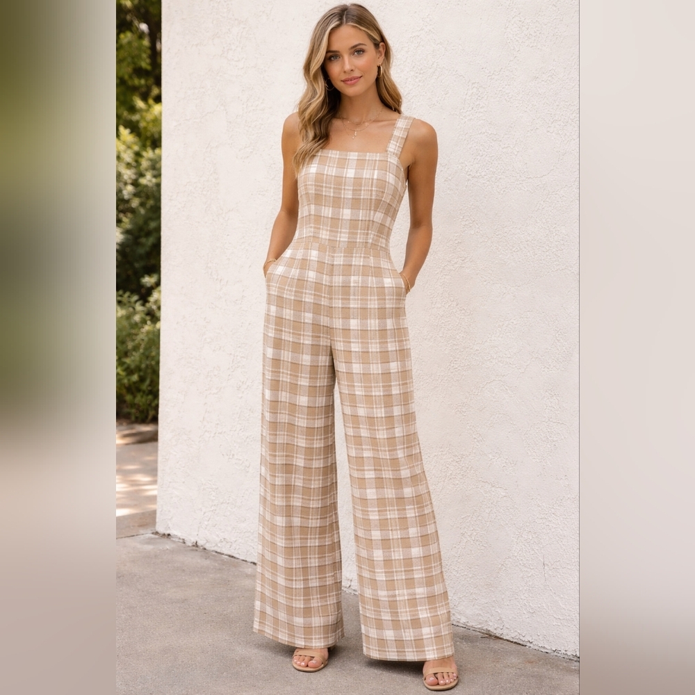 Plaid Square-Neck Wide-Leg Jumpsuit in Beige